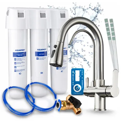 Immagine prodotto di Miscelatore da cucina a 3 vie Nordic, in acciaio inossidabile, con doccetta estraibile. Include sistema di filtraggio dell'acqua Aquaphor, girevole a 360°