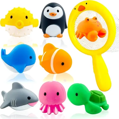 Produktbild von 9 schwimmende Badespielzeuge in Form von Meerestieren – Wasserspiele für Kinder – Spielzeug für Badewanne und Schwimmbad