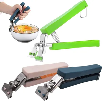 A collage of kitchen utensil clips for handling hot dishes and bowls.