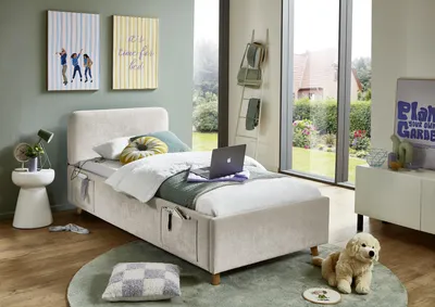 Produktbild von Meise Möbel Jugendbett Cosy 90x200 cm | Bettgestell | USB | 4 Betttaschen | Strukturstoff Beige | Holzfuß eichefarbig