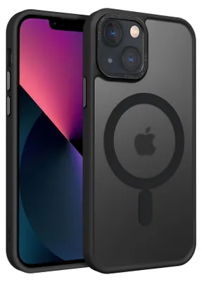 A black iPhone case with a MagSafe ring and Apple logo is shown on a black background, with the screen of an iPhone 13 visible on the left.