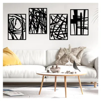 Produktbild von 4-teiliges Set Schwarze Abstrakte Metall Wandkunst, Moderne Minimalistische Einzellinien Dekoration, 3D Strukturierte Hängeskulpturen für Wohnzimmer, Schlafzimmer, Badezimmer und Büro