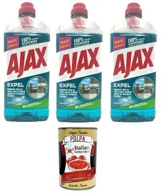 Produktbild von AJAX Expel Multisurface – Mehrzweckreiniger, Inhaltsstoffe natürlichen Ursprungs, Entfernt Schmutz & Fett, Frischer Duft, 3x1,25 L+ italian Gourmet polpa 400g