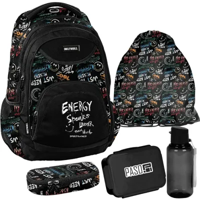 Immagine prodotto di Set zaino scolastico BeUniq da 5 pezzi SMILEY per ragazzi, nero