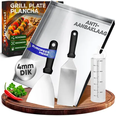 Produktbild von Grillplatte Plancha Grillplatte Grillblech - 30 x 40 cm - Edelstahl - 4 mm - Mit Spatel und Ölflasche
