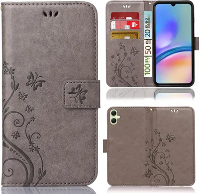 A collage of images showing a grey flip phone case with a floral and butterfly design, a phone inside the case, and the back of the case.