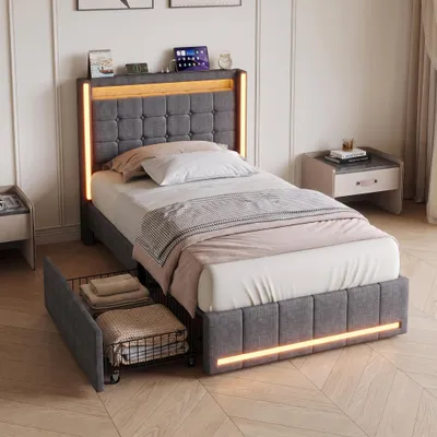 Obrázek produktu pro Postel INONEFT, 90x200 cm, s úložným prostorem, dětská postel s LED osvětlením a USB/Typ C porty, jednolůžko se dvěma zásuvkami, postel s úložným prostorem a rošt, materiál: len, barva: šedá