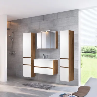 Produktbild von Badezimmer Programm LOUROSA-03 in Wotaneiche Nb. mit matt weiß inkl. LED-Aufbauleuchte, Mineralgussbecken, B/H/T: ca. 200/200/47 cm