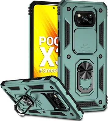 Image de Xiaomi Poco X3 NFC / X3 Pro étui double couche avec protection coulissante de l'appareil photo et anneau de support vert