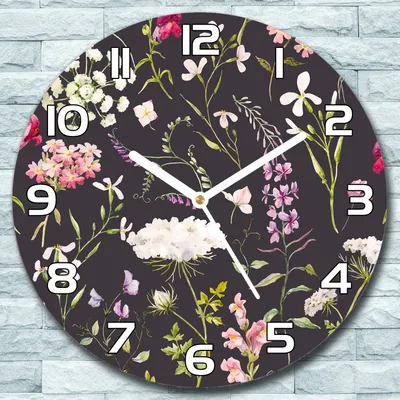 Produktbild von Wanduhr aus Glas Rund fi 30 botanische Blüten Quarz Deko Schlafzimmer Büro