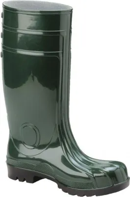 A single green rubber boot is shown against a white background.