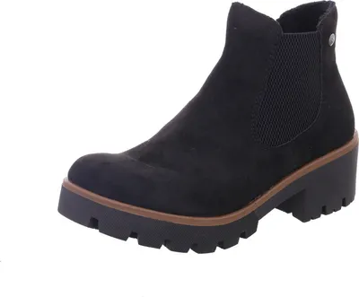 A black Chelsea boot with a thick sole and block heel is shown against a white background.