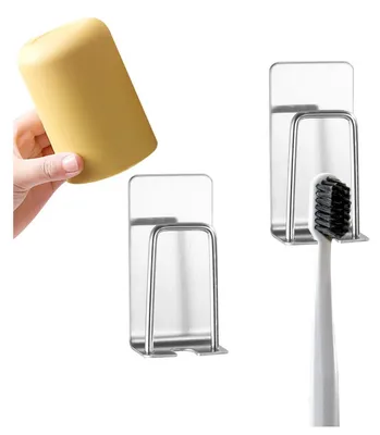 Obrázek produktu pro Držák na zubní kartáče, sada 2 kusů, montáž na zeď bez vrtání, nerezová ocel, stříbrná barva, 2 v 1