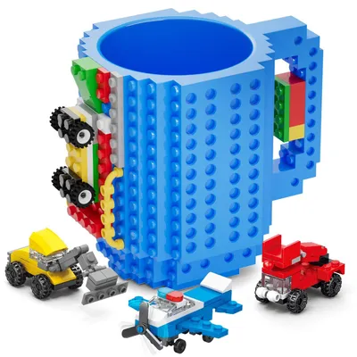 Productafbeelding van Bouwstenenbeker - Met 3 willekeurig geselecteerde 2-in-1 bouwstenen - Zelfbouw koffiebeker voor kinderen en volwassenen - Blauw