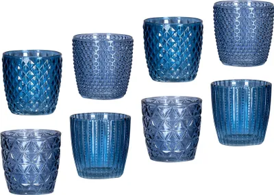 Produktbild von 8er Set Windlicht H7,5cm Glas Blau Teelichthalter Tischdeko Kerzen Retro Deko