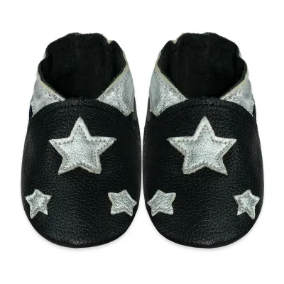 Produktbild von MEJALE® Baby Krabbelschuhe aus Echtleder, weiche Lauflernschuhe für Mädchen&Jungen, rutschfeste Ledersohle,Schwarz,silbernem Stern,Größe M(6–12Monate)
