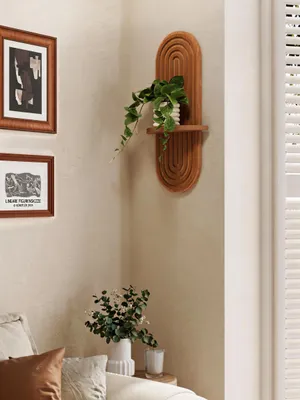 Produktbild von Bamworld Boho-Wandregal braun, 2-stufig Holz-Wandregal, Mid-Century Modern Deko für Wohnraum & Bad, Urfarbe