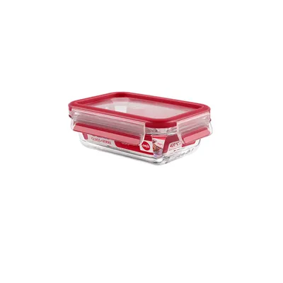 A rectangular glass food storage container with a red lid and transparent sides, shown from a slightly elevated side angle on a white background.