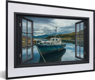 Produktbild von MuchoWow® MuchoWow® Gerahmtes Poster Durchblick - Boot - Berg 60x40 cm - Poster mit zchwarzem Bilderrahmen - Schlafzimmer - Plakat in Rahmen - Drucken