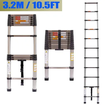 Image de Échelle télescopique - Modèle droit, pliable - Acier inoxydable - 3,2 mètres - Charge maximale : 150 kg - Pieds antidérapants - Argenté