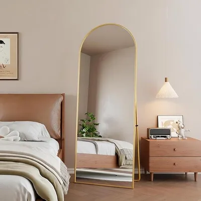 Imagen del producto de Espejo de cuerpo entero de 162 x 53 cm, espejo de pie con marco de aleación de aluminio, espejo dorado ideal para usar como espejo de pie o de pared en dormitorios, pasillos, salones