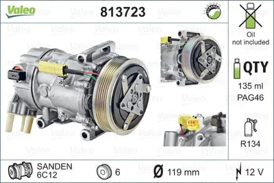 Produktbild von VALEO 813723 SD6C12 Klimaanlage Klimakompressor PAG 46 R134a passend für PEUGEOT 2008 Kombi (CU) 207 (WA, WC) 207 CC (WD) 208 I Schrägheck (CA, CC)