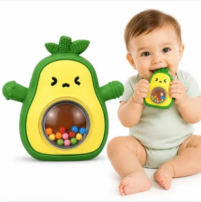 Produktbild von Baby-Beißhandschuh 3–12 Monate, Avocado-Silikon mit Rassel, BPA-frei, sensorisches Kauspielzeug, für Jungen und Mädchen, ideales Taufgeschenk