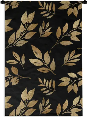 Produktbild von MuchoWow® Wandteppich Wandbehang Partoon - Schwarz und Gold - Blätter 90x135 cm Tapisserie Dekoration Wandtuch - Baumwolle - Wandskulptur