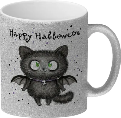 Produktbild von Happy Halloween Glitzer-Kaffeebecher mit schwarzer Fledermaus-Katze
