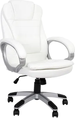A white office chair with silver accents is shown against a white background.