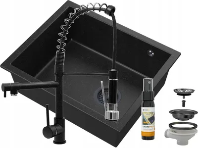 Produktbild von Granitan | Granitspüle Salix mit Wasserhahn - Schwarz - Einbauspüle mit Spiralarmatur - Hochwertig und langlebig
