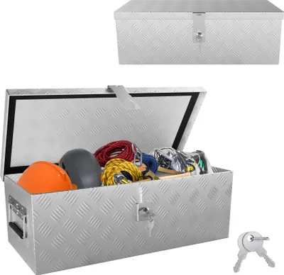 Image de Boîte de rangement FIVMEN Boîte en aluminium 600 x 260 x 200 mm, boîte à outils en aluminium avec serrure et 2 clés, boîte à timon robuste et verrouillable (argent)