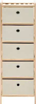 A tall, narrow storage unit with five fabric drawers against a white background.