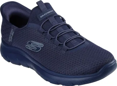 A single navy blue Skechers men's sneaker is shown from a side angle on a white background.