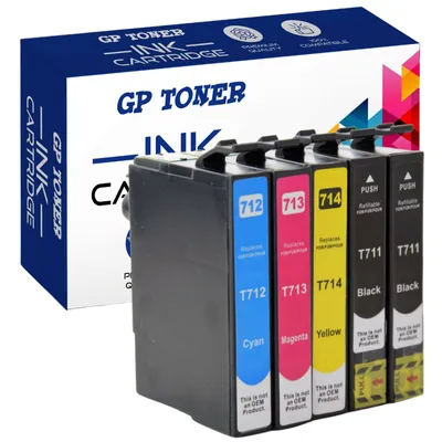 A set of five compatible ink cartridges and their packaging.