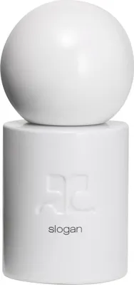 A white perfume bottle with a spherical cap and embossed branding.