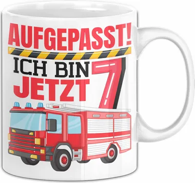 Produktbild von 7. Geburtstag Geschenk Tasse Becher Jungs Feuerwehr Aufgepasst Ich Bin Jetzt 7 (Weiß)
