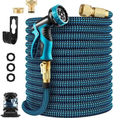 Immagine prodotto di Tubo da giardino flessibile blu con 10 getti e raccordo in ottone - 45 m