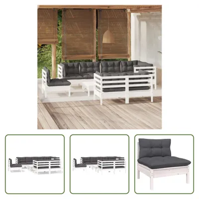 Produktbild von The Living Store 9-tlg. Garten-Lounge-Set mit Kissen Weiß Kiefer Massivholz