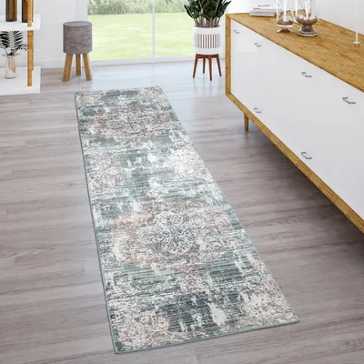 Produktbild von Teppich Wohnzimmer Kurzflor Vintage Moderne Orient Optik Abstrakt Grau Grün Grösse 60x100 cm