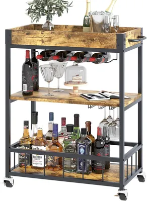 Produktbild von Serveertrolley mit 3 Etagen, Flaschenhalter, braune Holzoptik, Küchenwagen mit Rollen, für Wohnzimmer