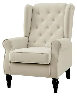 Produktbild von Ohrensessel mit Armlehnen, Loungesessel mit Kissen, Tufting, hoher Rückenlehne und Holzbeinen, Relaxsessel für Wohnzimmer und Schlafzimmer, Cremeweiß