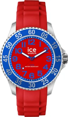 A close-up studio shot of a red and blue Ice Watch.