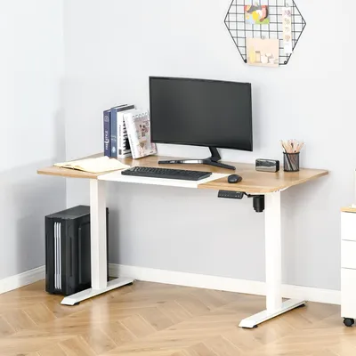 Imagen del producto de Mesa de ordenador eléctrica ajustable en altura, con sistema de gestión de cables y protección contra sobrecalentamiento. Estructura de mesa para escritorio, ajustable en altura mediante motor, en color natural y blanco
