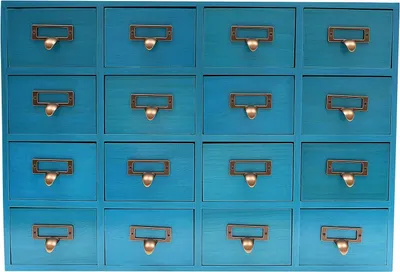 Immagine prodotto di Armadio farmacia - Cassettiera con 16 cassetti - Legno e metallo - Stile rustico - Per erbe aromatiche e piccoli oggetti - Da montare - Blu