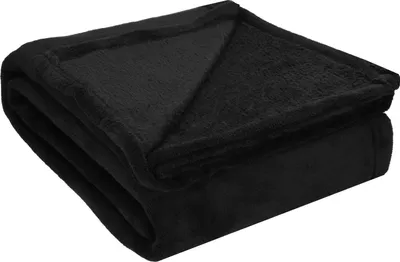 A folded black blanket is shown against a white background.