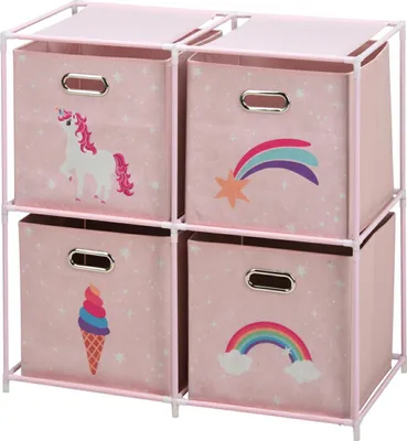 Produktbild von Storage Solutions | Kinderregal - mit 4 Boxen - Einhorn - 68x35xh70 cm - Stabil und leicht - Ideal für Mädchen