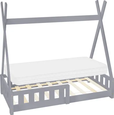 A light gray wooden tipi-style children's bed frame with a white mattress and wooden slats.