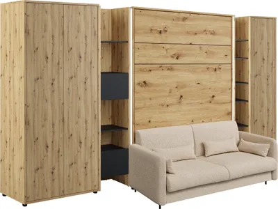 Produktbild von Schrankbett mit sofa Bed Concept 140x200 cm Lenart Led Beleuchtung Taschenfederkernmatratze Bett im Schrank Klapbett Artisan Eiche/Beige