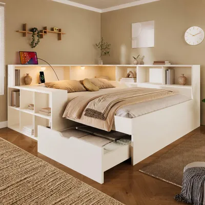 Produktbild von MODFU Jugendbett 140x200 mit Schubladen,Kinderbett Funktionsbett mit USB Typ-C Ladeanschlüssen und Leselicht,Tagesbett Holzbett mit Stauraum,ohne Matratze,Weiß